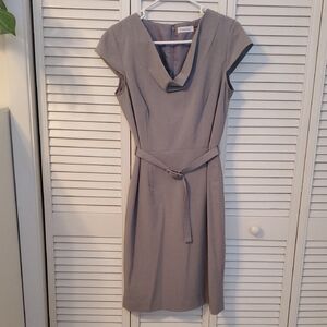 Calvin Klein Light Gray Cowl Neck Cap Sleeve Belted Pencil Dress 4